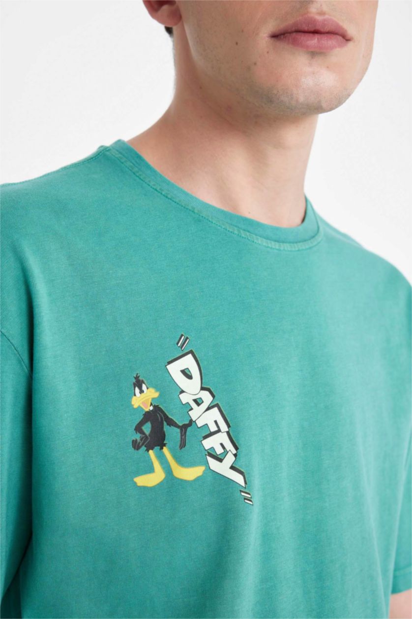 Erkek Yeşil Looney Tunes Oversize Geniş Kalıp Bisiklet Yaka Sırt Baskılı Kısa Kollu Tişört