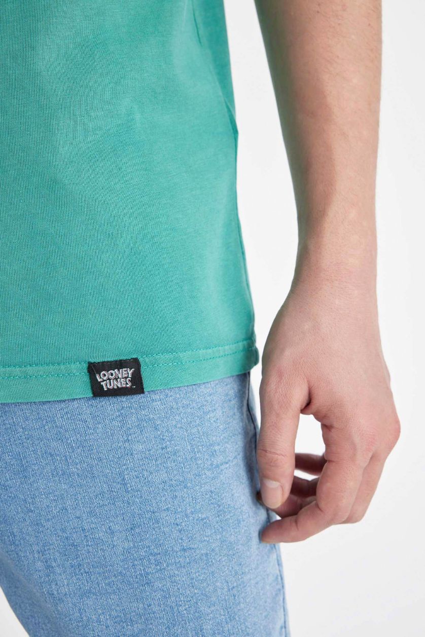 Erkek Yeşil Looney Tunes Oversize Geniş Kalıp Bisiklet Yaka Sırt Baskılı Kısa Kollu Tişört