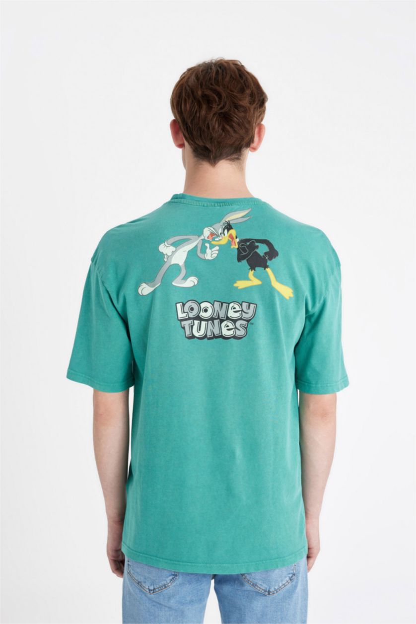Erkek Yeşil Looney Tunes Oversize Geniş Kalıp Bisiklet Yaka Sırt Baskılı Kısa Kollu Tişört