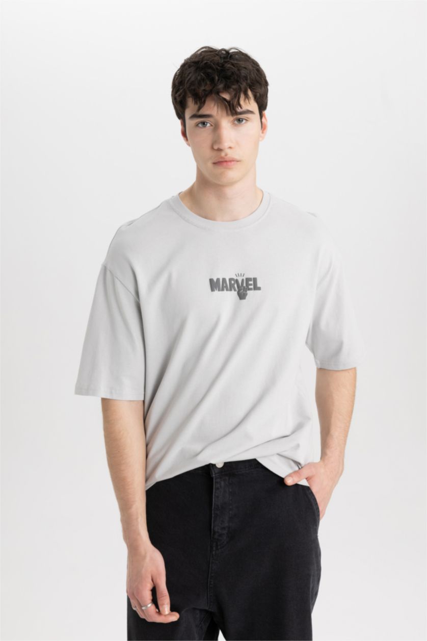 MAN Light Grey Marvel Logo Only Comfort Fit Crew Neck Short Sleeve T-Shirt