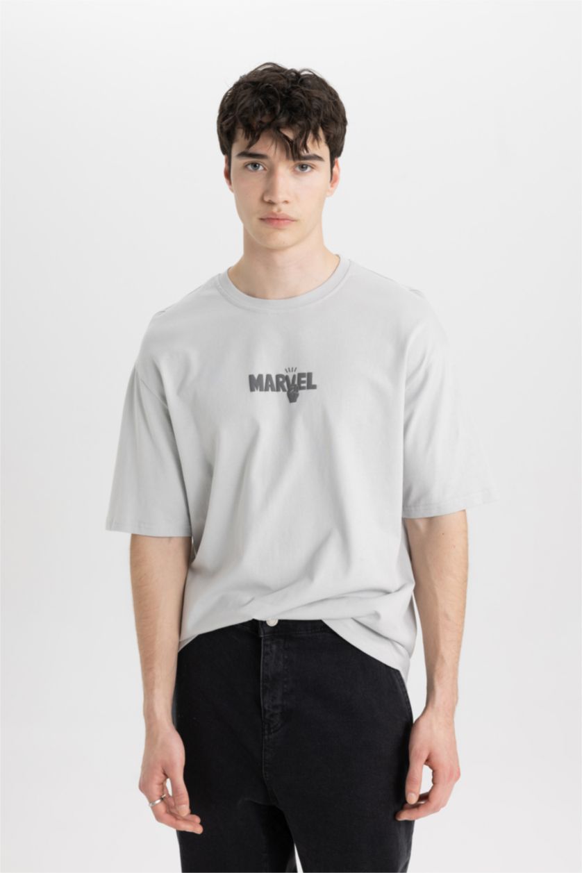 MAN Light Grey Marvel Logo Only Comfort Fit Crew Neck Short Sleeve T-Shirt