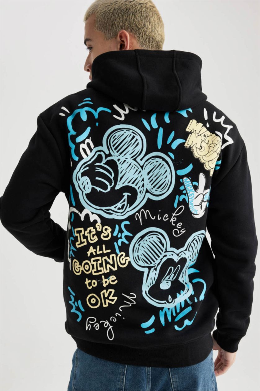 Erkek Siyah Disney Mickey & Minnie Boxy Fit Kapüşonlu Sırt Baskılı Sweatshirt