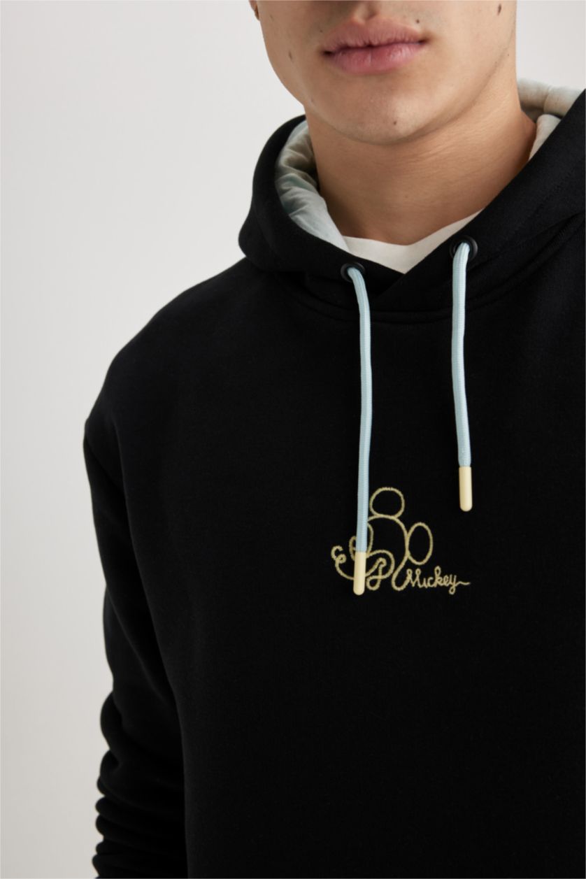 Erkek Siyah Disney Mickey & Minnie Boxy Fit Kapüşonlu Sırt Baskılı Sweatshirt