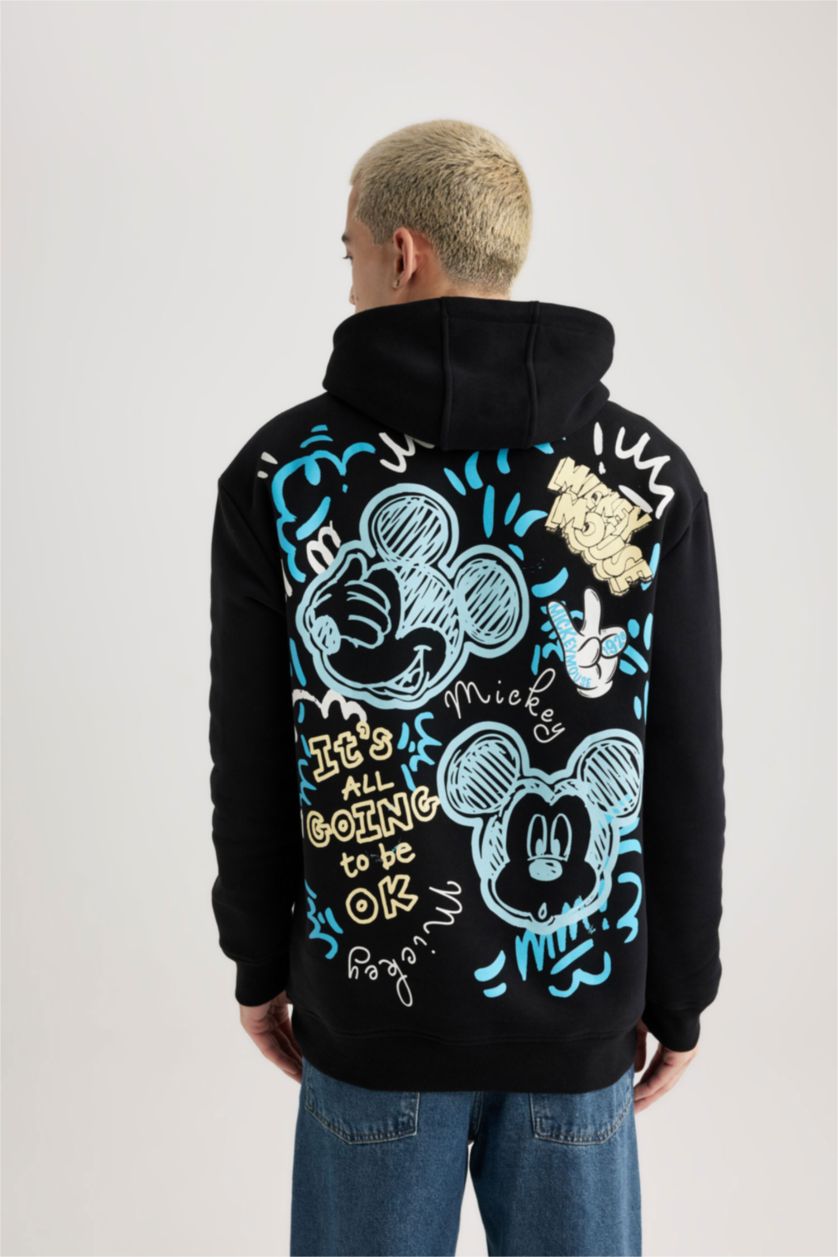 Erkek Siyah Disney Mickey & Minnie Boxy Fit Kapüşonlu Sırt Baskılı Sweatshirt