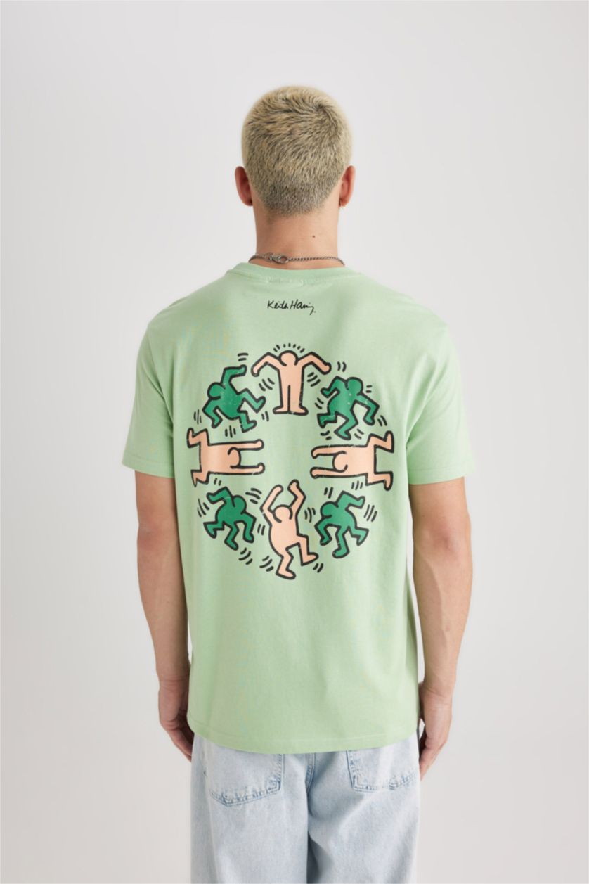 رجالي نعناع تيشيرت قصة عادية مطبوع برقبة مستديرة من كيث هارينغ