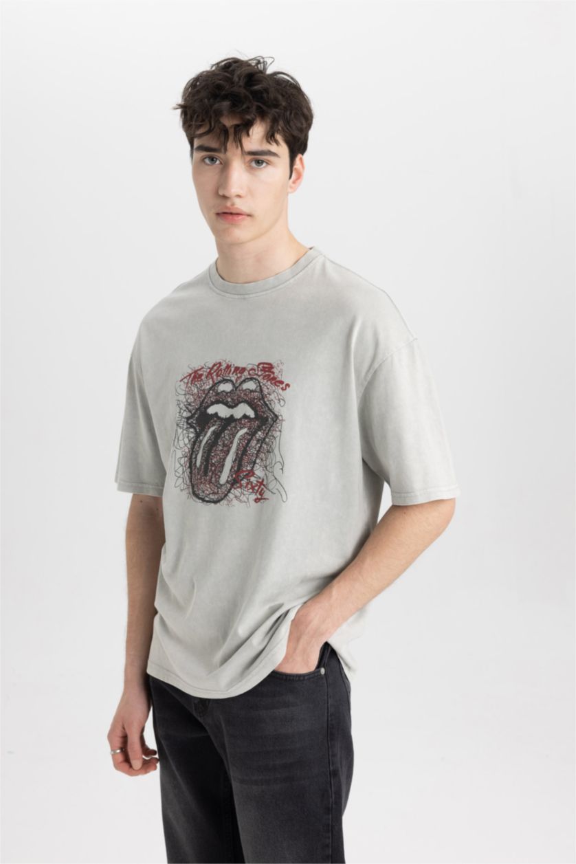 Erkek Açık Gri Rolling Stones Comfort Regular Fit Rahat Kalıp Bisiklet Yaka Kısa Kollu Tişört