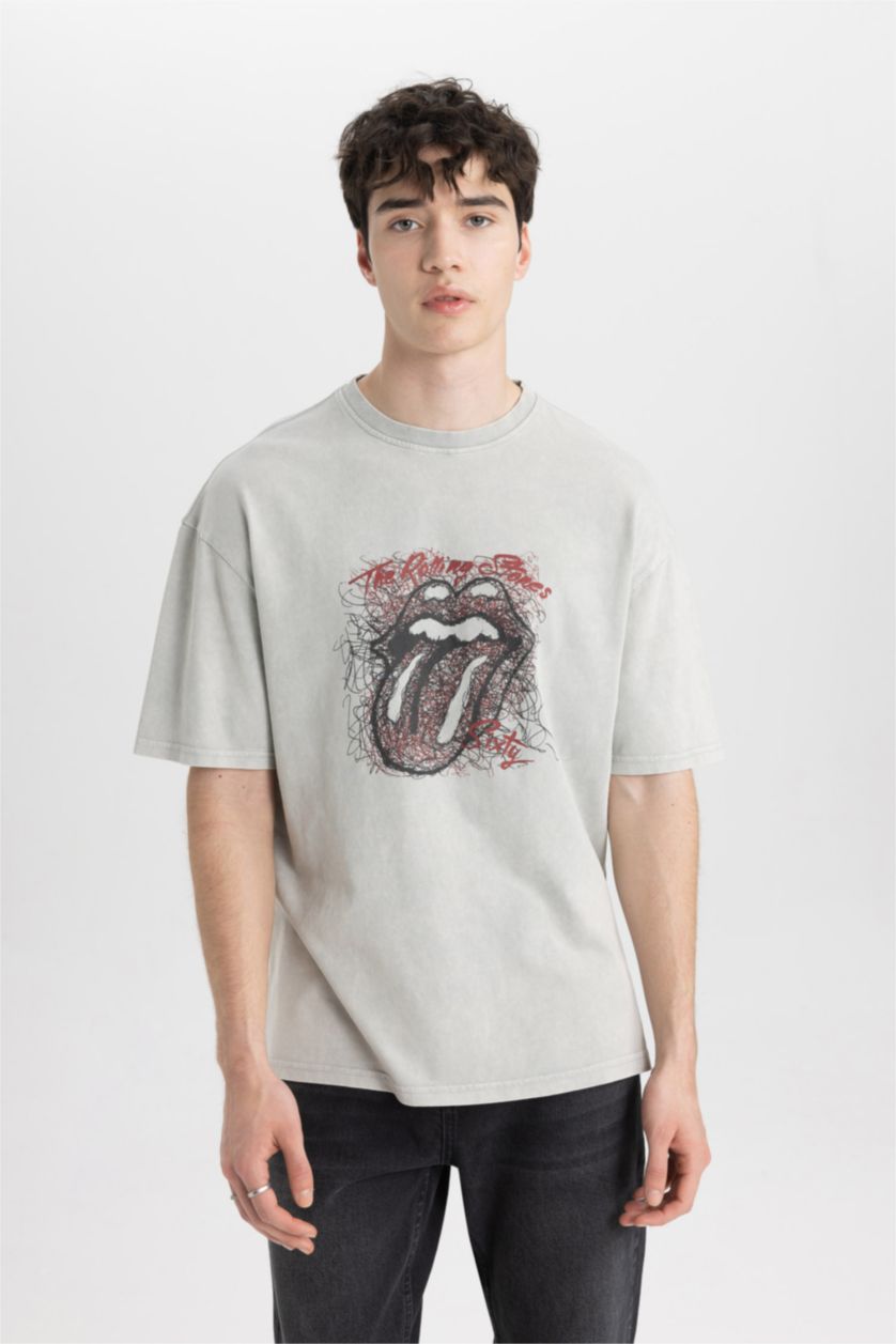 Erkek Açık Gri Rolling Stones Comfort Regular Fit Rahat Kalıp Bisiklet Yaka Kısa Kollu Tişört