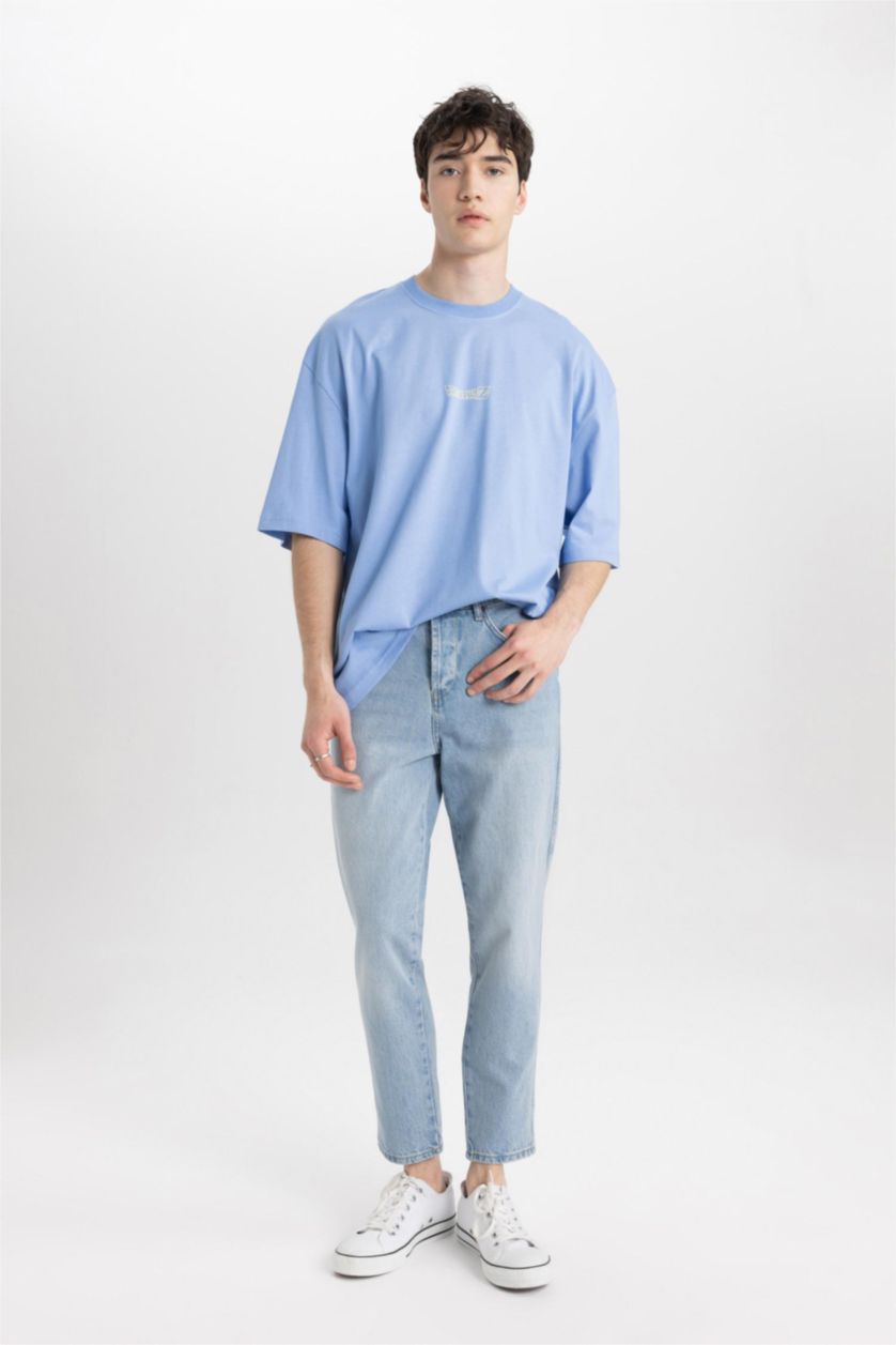 Erkek Mavi Loose Fıt Kısa Kollu Tişört