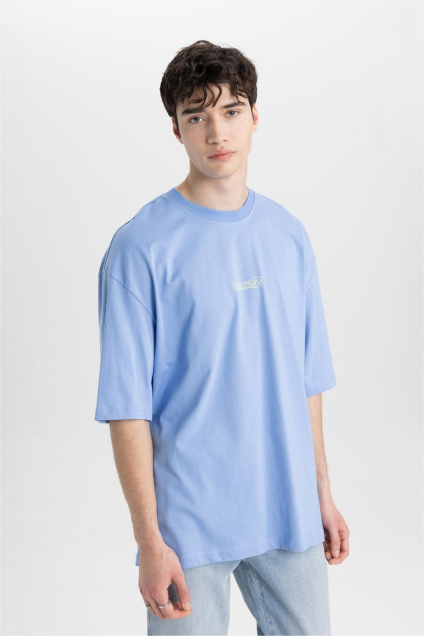 Erkek Mavi Loose Fıt Kısa Kollu Tişört
