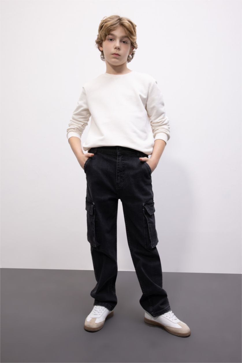 Erkek Çocuk - Genç Erkek Antrasit Kargo Fit Düz Paça Jean Pantolon Erkek Çocuk