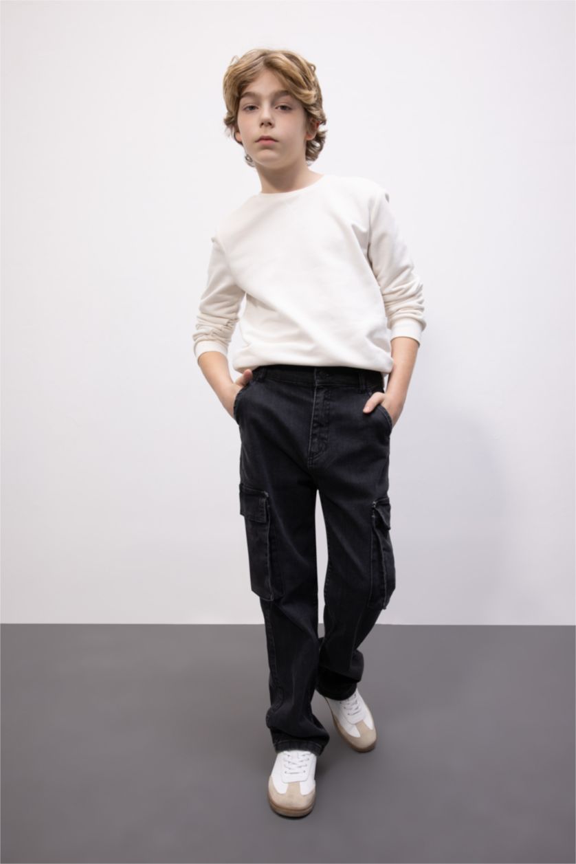 Erkek Çocuk - Genç Erkek Antrasit Kargo Fit Düz Paça Jean Pantolon Erkek Çocuk