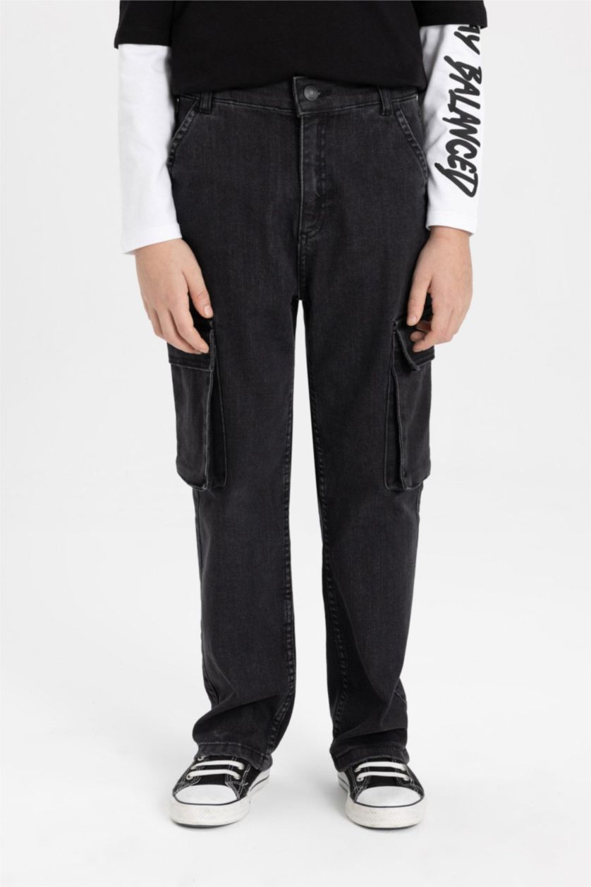 Erkek Çocuk - Genç Erkek Antrasit Kargo Fit Düz Paça Jean Pantolon Erkek Çocuk
