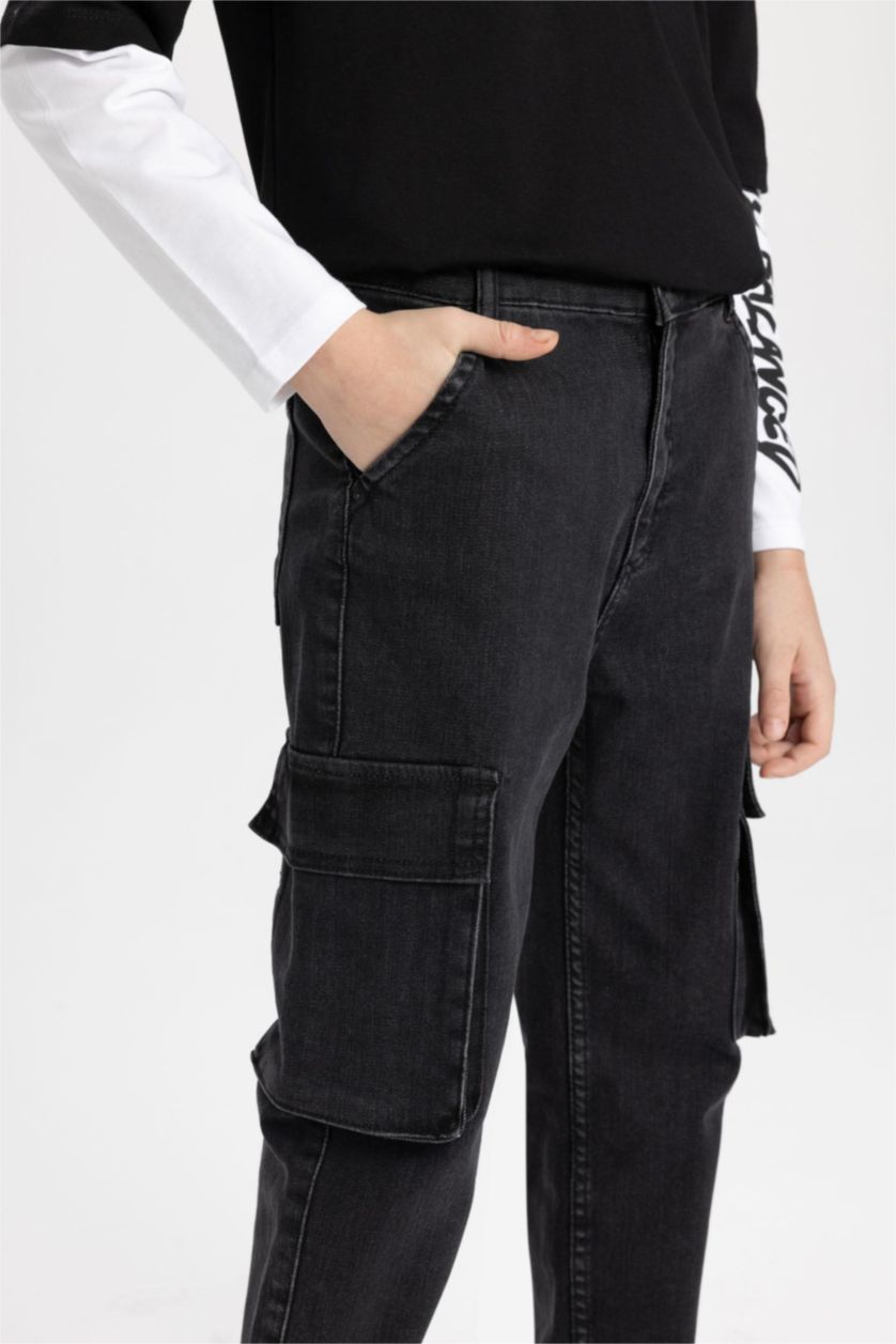 Erkek Çocuk - Genç Erkek Antrasit Kargo Fit Düz Paça Jean Pantolon Erkek Çocuk