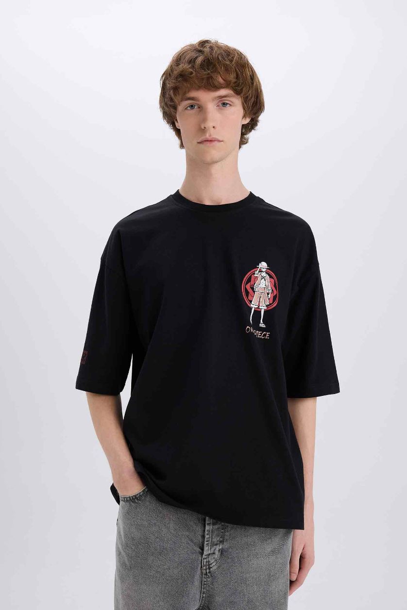 Erkek Siyah %100 Pamuk One Piece Loose Fit Bisiklet Yaka Sırt Baskılı Kısa Kollu Tişört