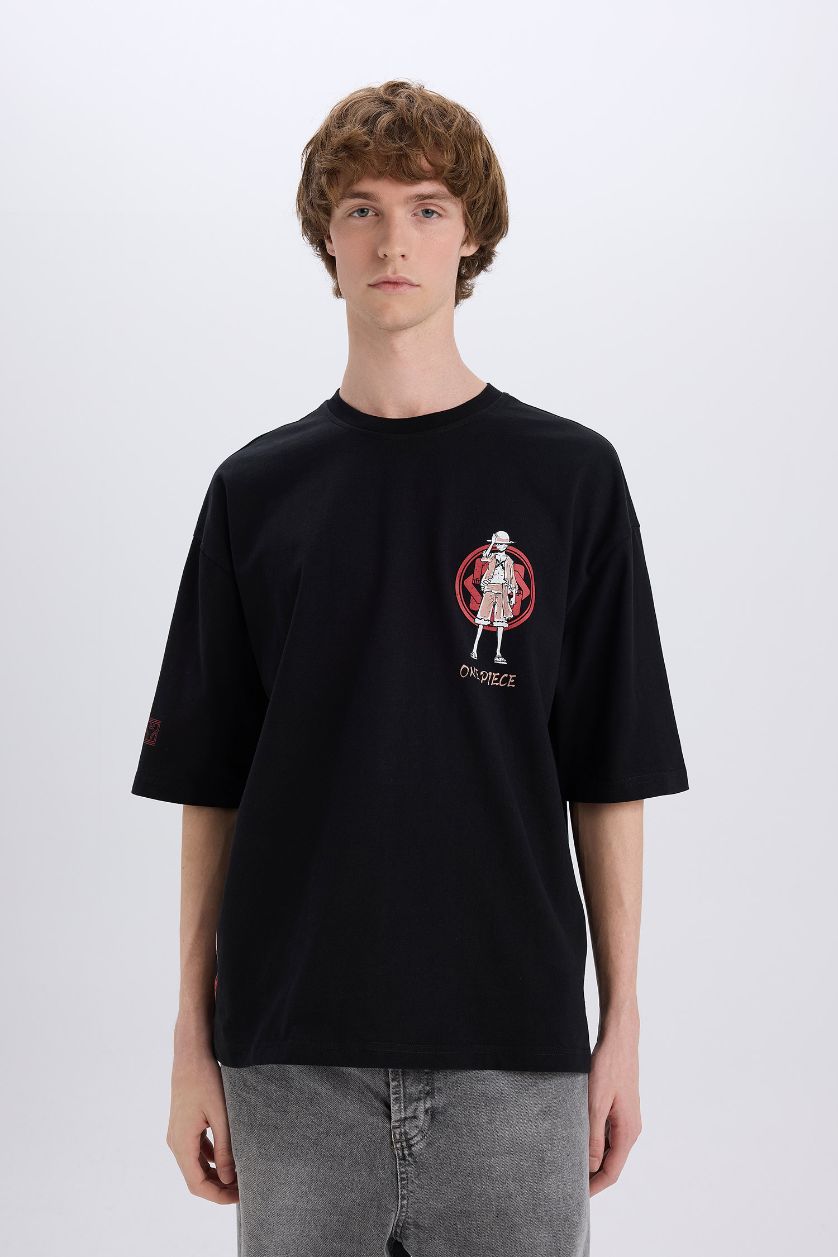 Erkek Siyah %100 Pamuk One Piece Loose Fit Bisiklet Yaka Sırt Baskılı Kısa Kollu Tişört