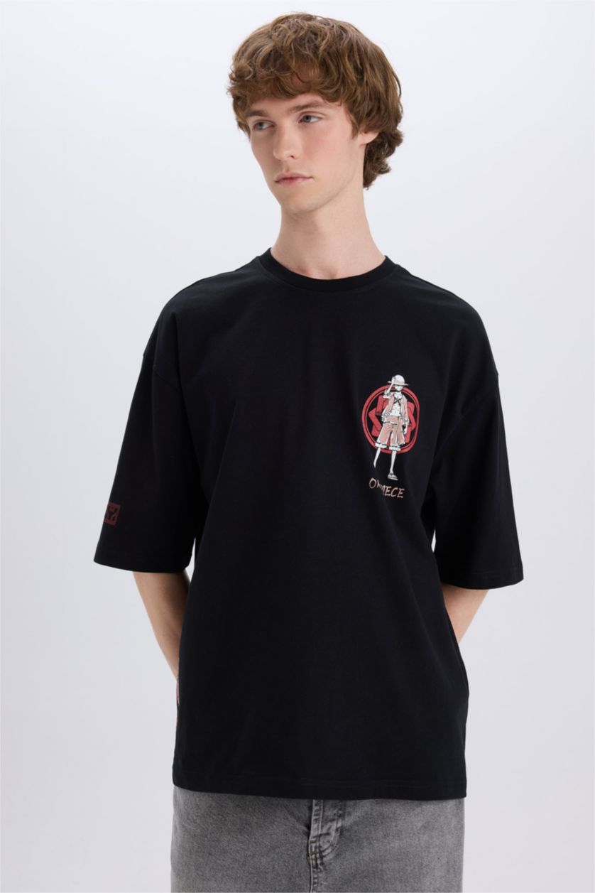 Erkek Siyah %100 Pamuk One Piece Loose Fit Bisiklet Yaka Sırt Baskılı Kısa Kollu Tişört