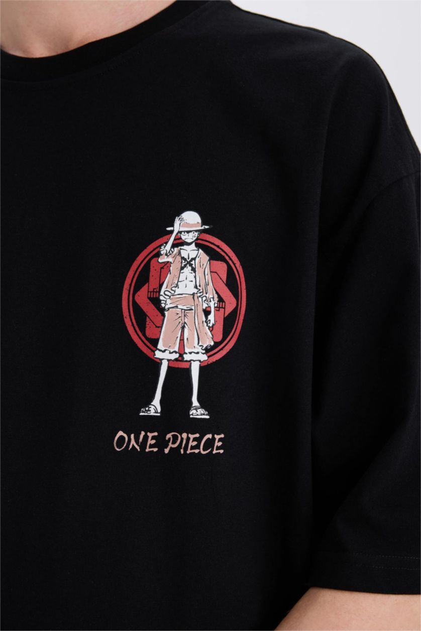 Erkek Siyah %100 Pamuk One Piece Loose Fit Bisiklet Yaka Sırt Baskılı Kısa Kollu Tişört