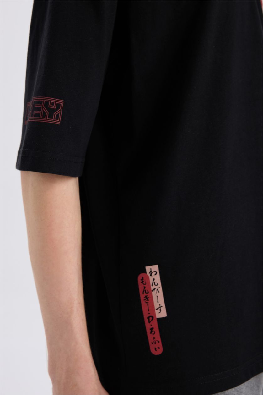 Erkek Siyah %100 Pamuk One Piece Loose Fit Bisiklet Yaka Sırt Baskılı Kısa Kollu Tişört