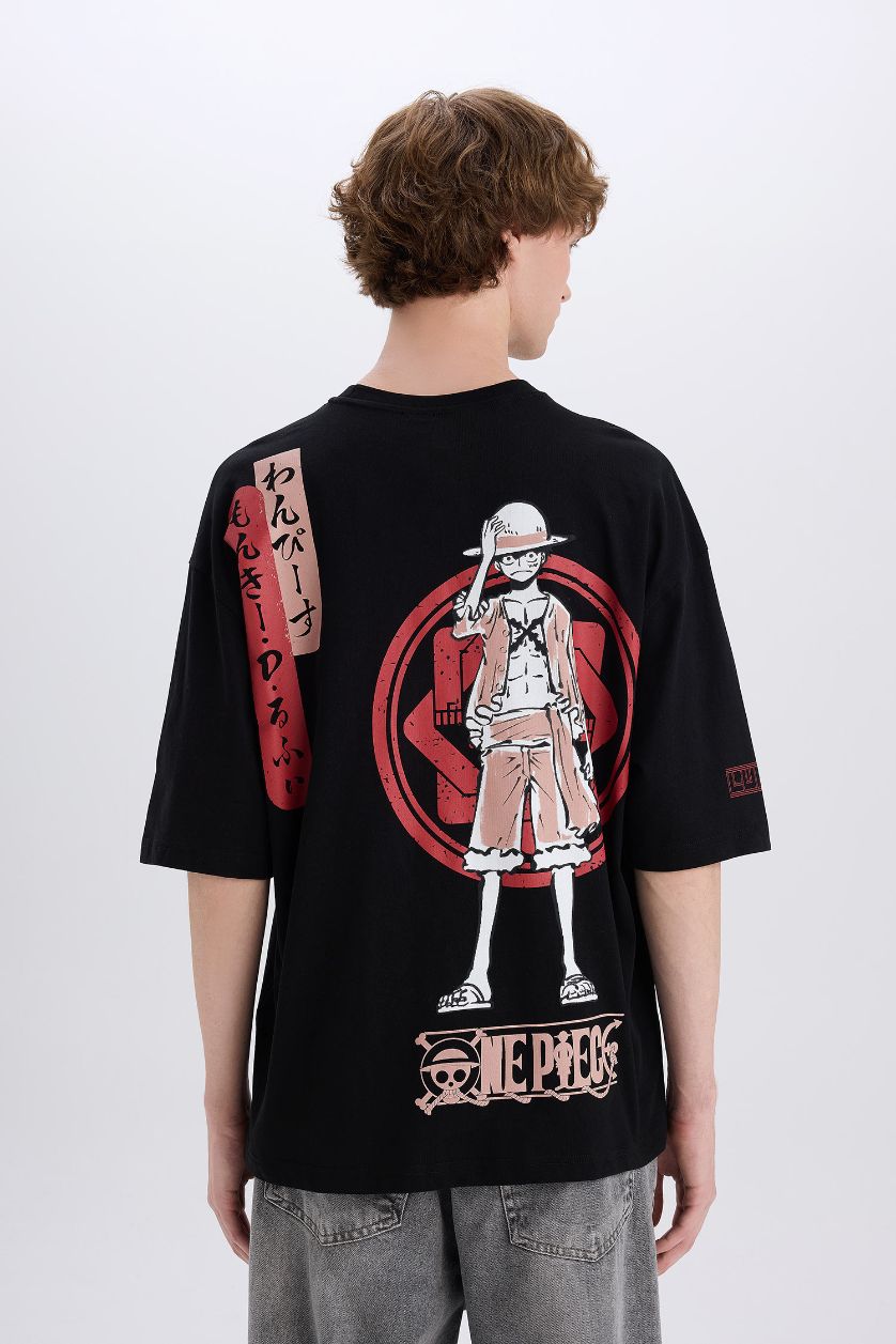 Erkek Siyah %100 Pamuk One Piece Loose Fit Bisiklet Yaka Sırt Baskılı Kısa Kollu Tişört