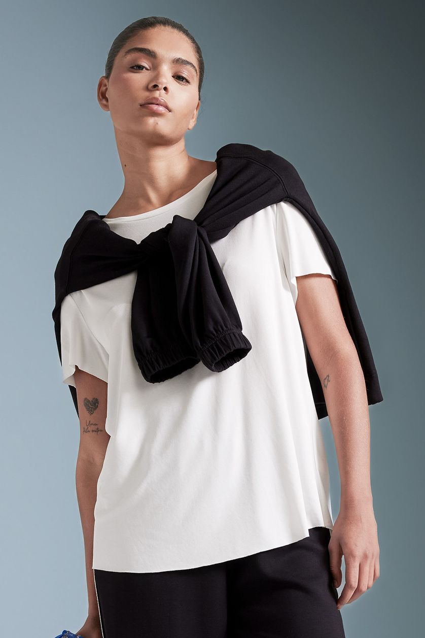 Kadın Ekru Oversize Geniş Kalıp Bisiklet Yaka Sporcu Modal Kısa Kollu Tişört