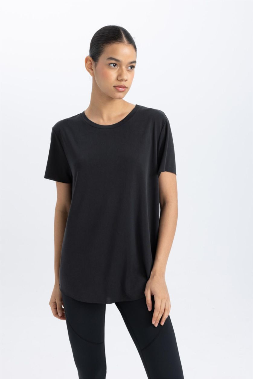 نساء أسود تي شيرت رياضي بريميوم اوفر سايز بياقة مستديرة