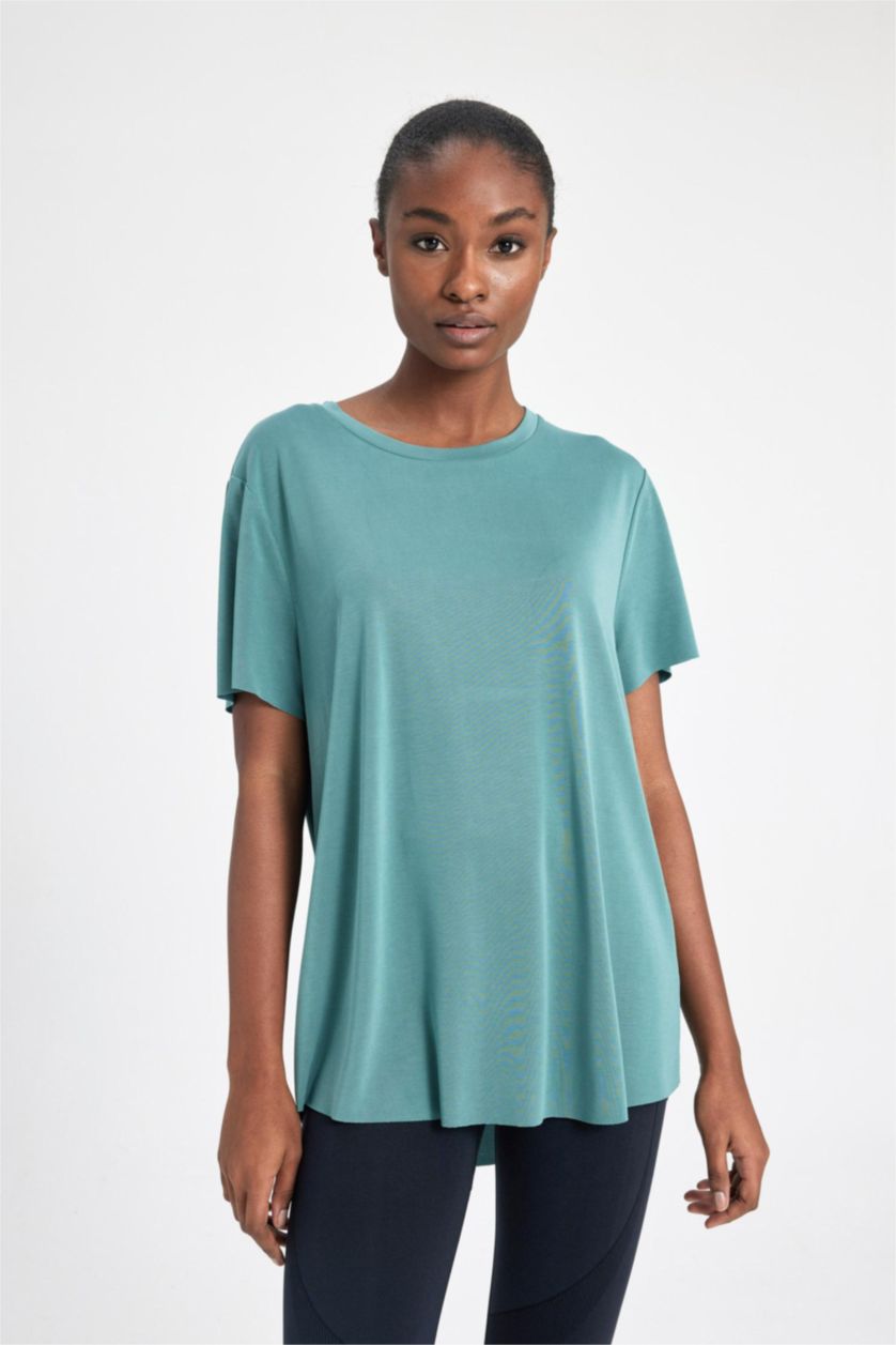 Женщины Зеленый Спортивная футболка оверсайз с круглым вырезом, DeFactoFit