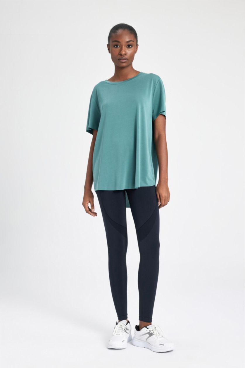 Женщины Зеленый Спортивная футболка оверсайз с круглым вырезом, DeFactoFit