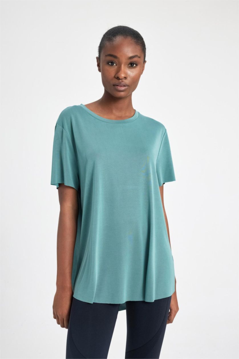 Женщины Зеленый Спортивная футболка оверсайз с круглым вырезом, DeFactoFit