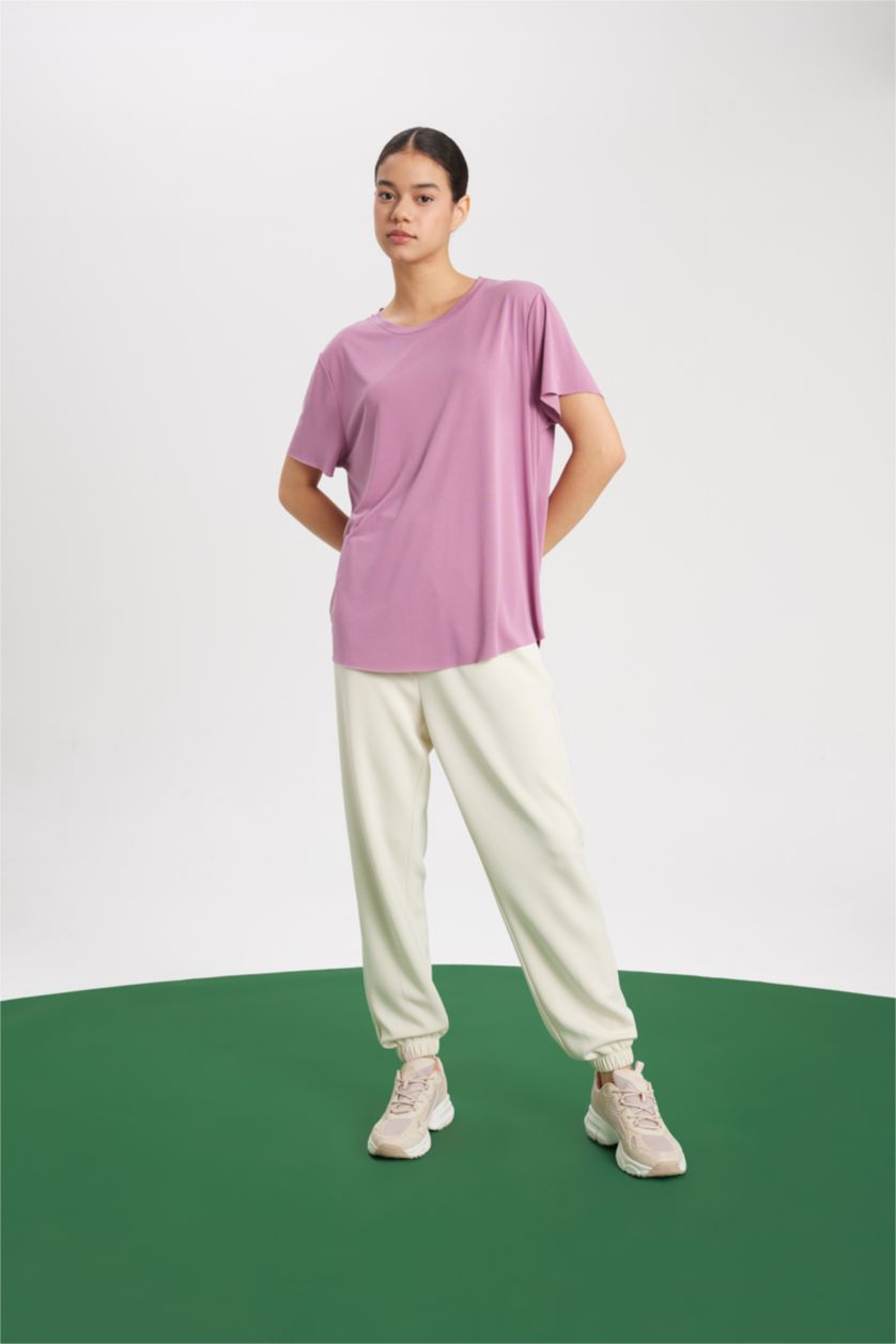 نساء بنفسجي فاتح تي شيرت رياضي بريميوم اوفر سايز بياقة مستديرة من DeFactoFit