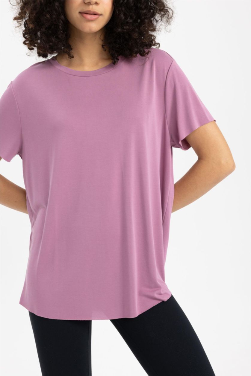 نساء بنفسجي فاتح تي شيرت رياضي بريميوم اوفر سايز بياقة مستديرة من DeFactoFit