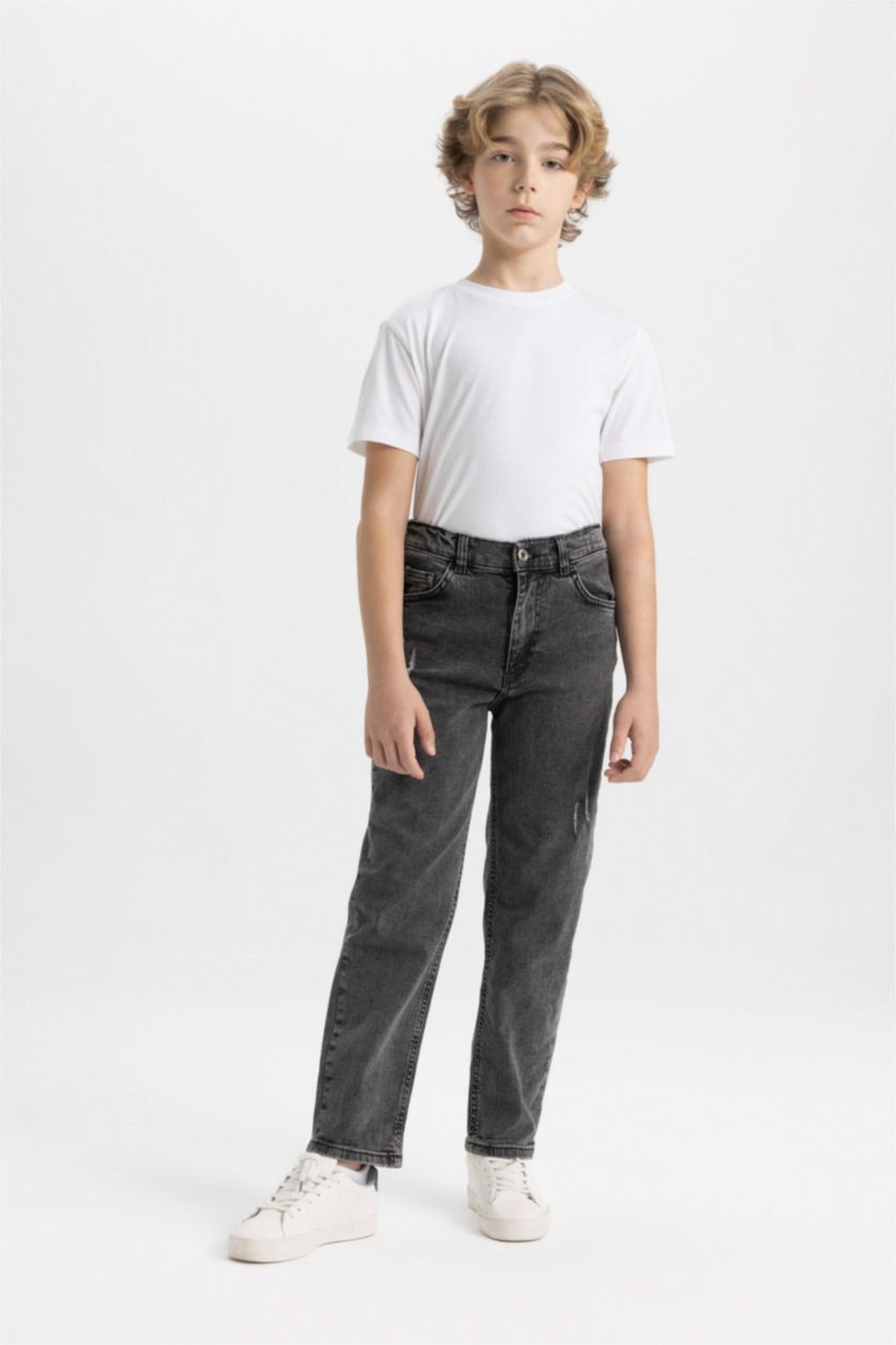 Erkek Çocuk - Genç Erkek Antrasit Straıght Fıt Yırtık Detaylı Düz Paça Jean Pantolon Erkek Çocuk