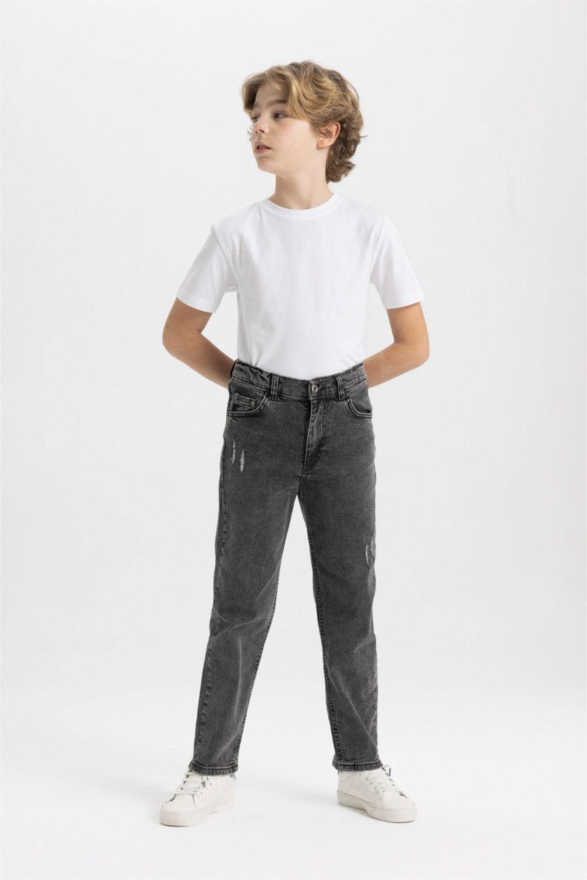 Erkek Çocuk - Genç Erkek Antrasit Straıght Fıt Yırtık Detaylı Düz Paça Jean Pantolon Erkek Çocuk