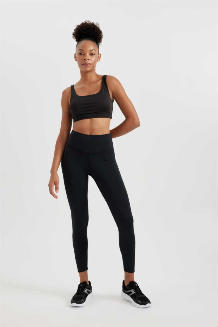 FEMME Noir Legging de Sport Premium à Slogan et Taille Haute Defactofit