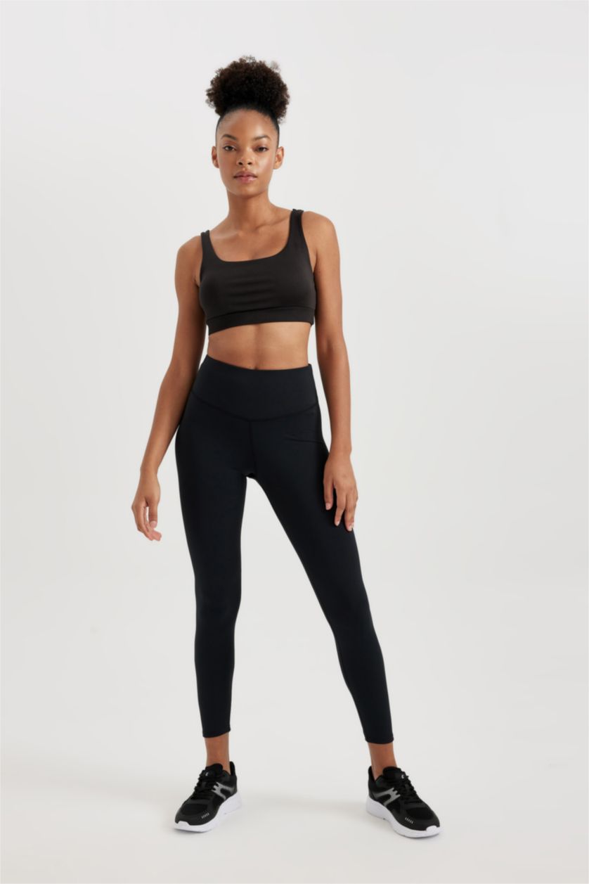 FEMME Noir Legging de Sport Premium à Slogan et Taille Haute Defactofit