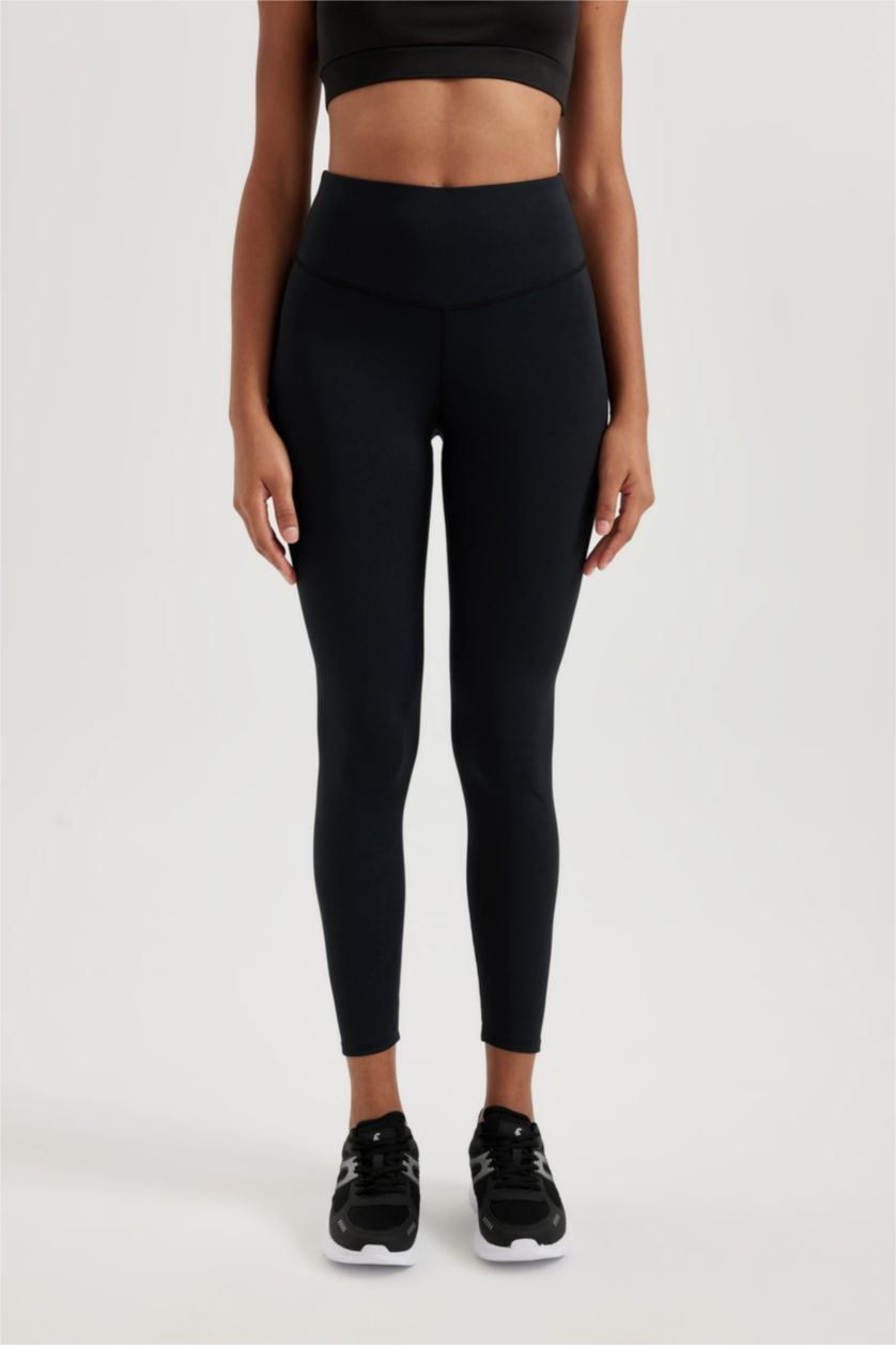 FEMME Noir Legging de Sport Premium à Slogan et Taille Haute Defactofit