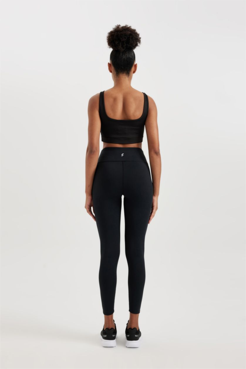 FEMME Noir Legging de Sport Premium à Slogan et Taille Haute Defactofit