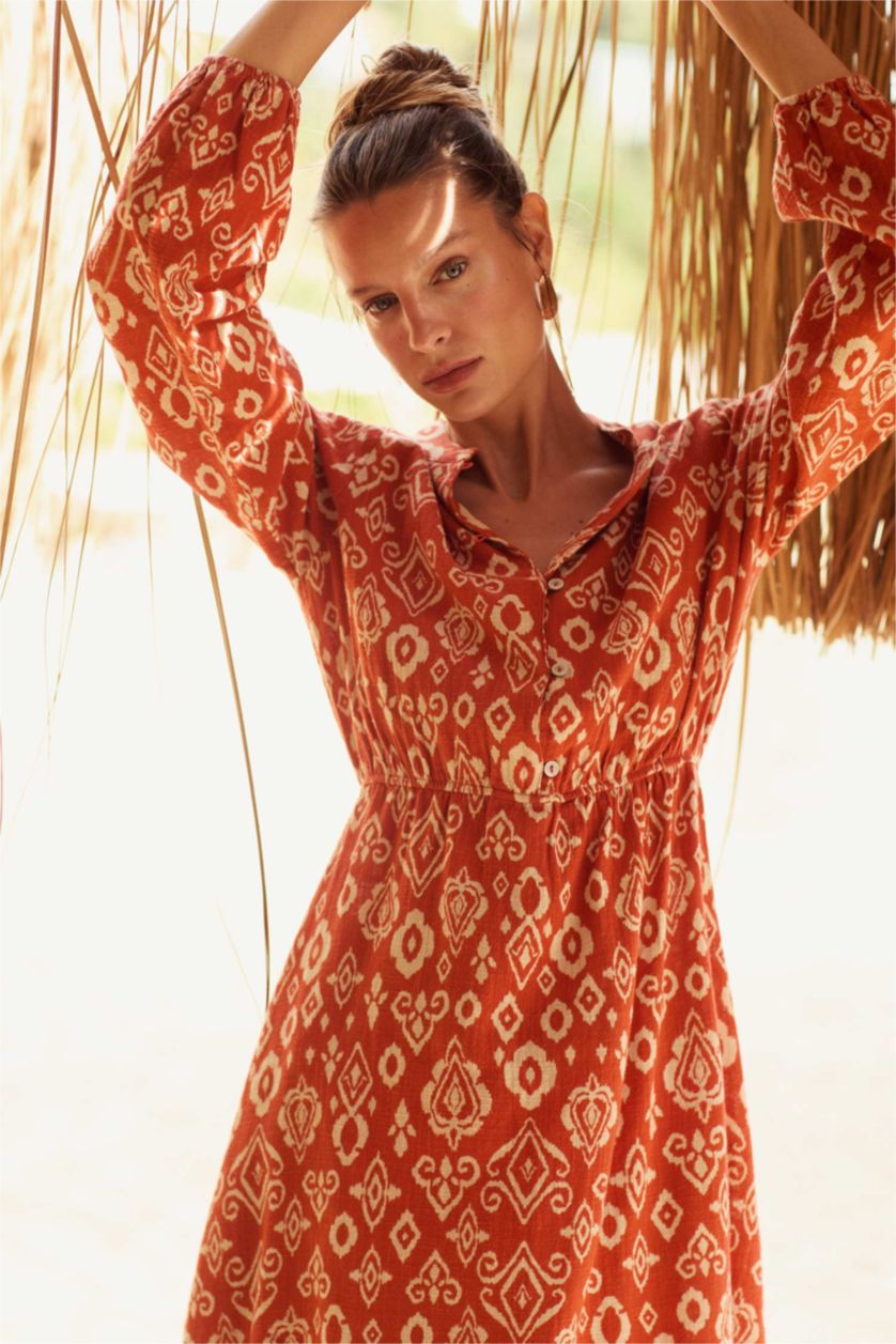 FEMME Orange Foncé Robe tissée imprimée en coton à manches longues