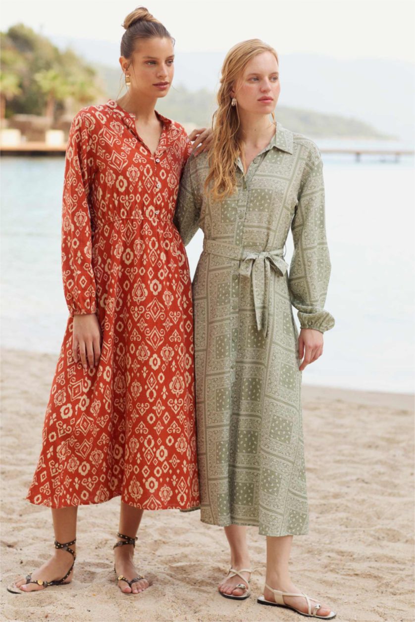 FEMME Orange Foncé Robe tissée imprimée en coton à manches longues