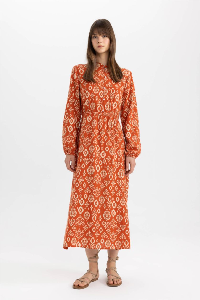 FEMME Orange Foncé Robe tissée imprimée en coton à manches longues