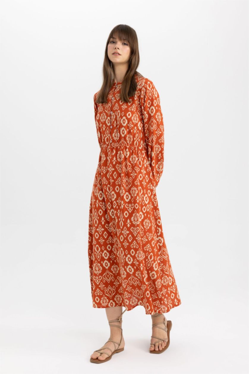 FEMME Orange Foncé Robe tissée imprimée en coton à manches longues