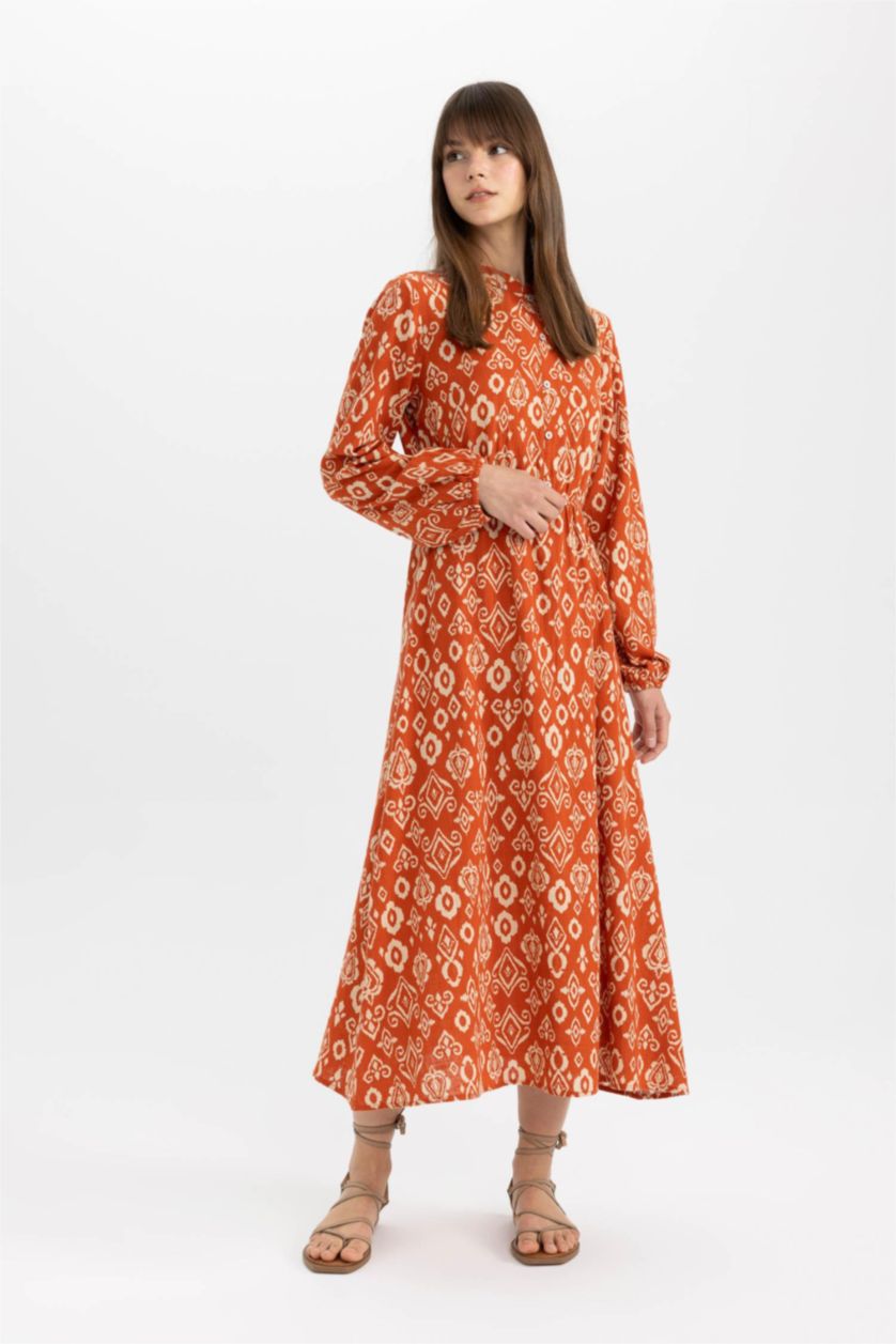 FEMME Orange Foncé Robe tissée imprimée en coton à manches longues