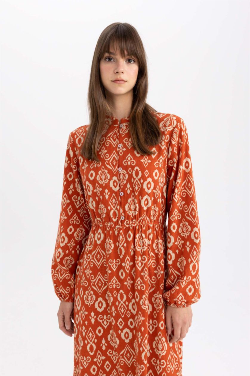 FEMME Orange Foncé Robe tissée imprimée en coton à manches longues