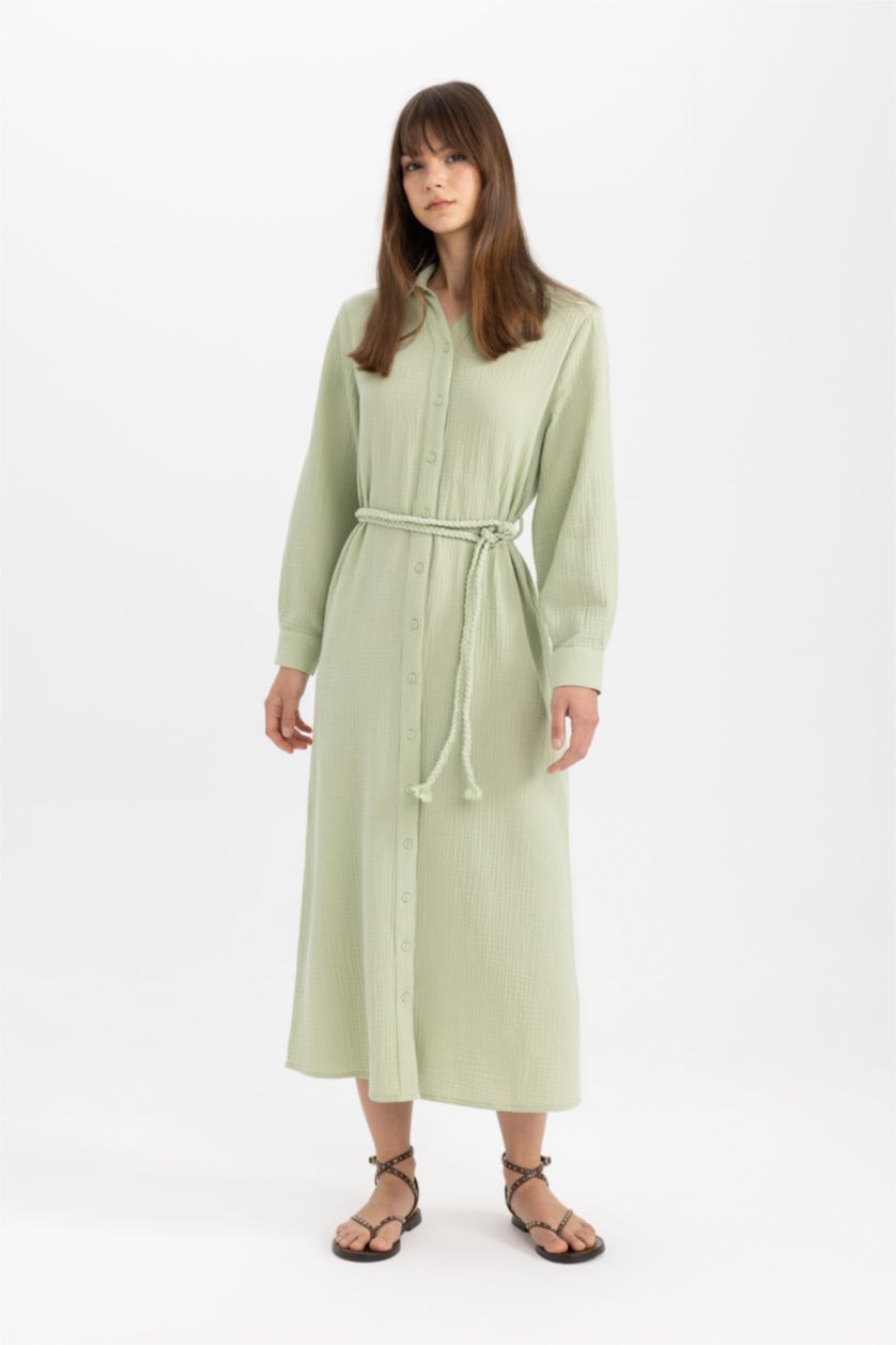 WOMAN Light Green Regular Fit Shirt Collar Muslin Dress