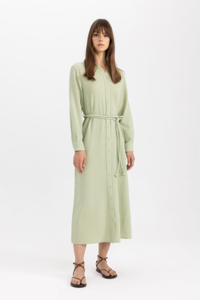 WOMAN Light Green Regular Fit Shirt Collar Muslin Dress