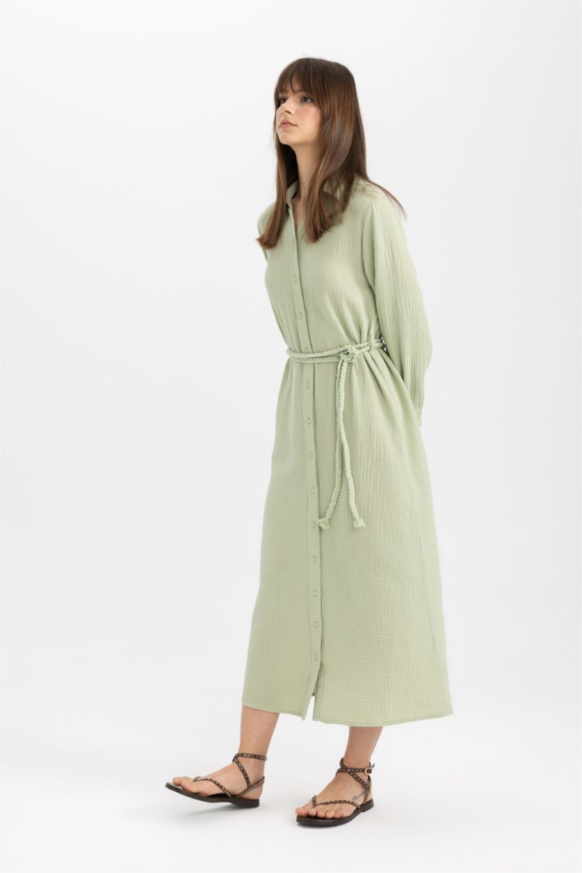 WOMAN Light Green Regular Fit Shirt Collar Muslin Dress