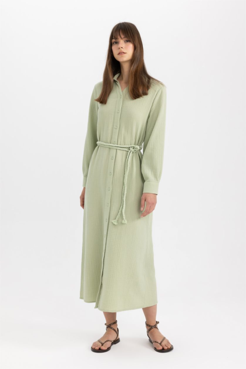 WOMAN Light Green Regular Fit Shirt Collar Muslin Dress