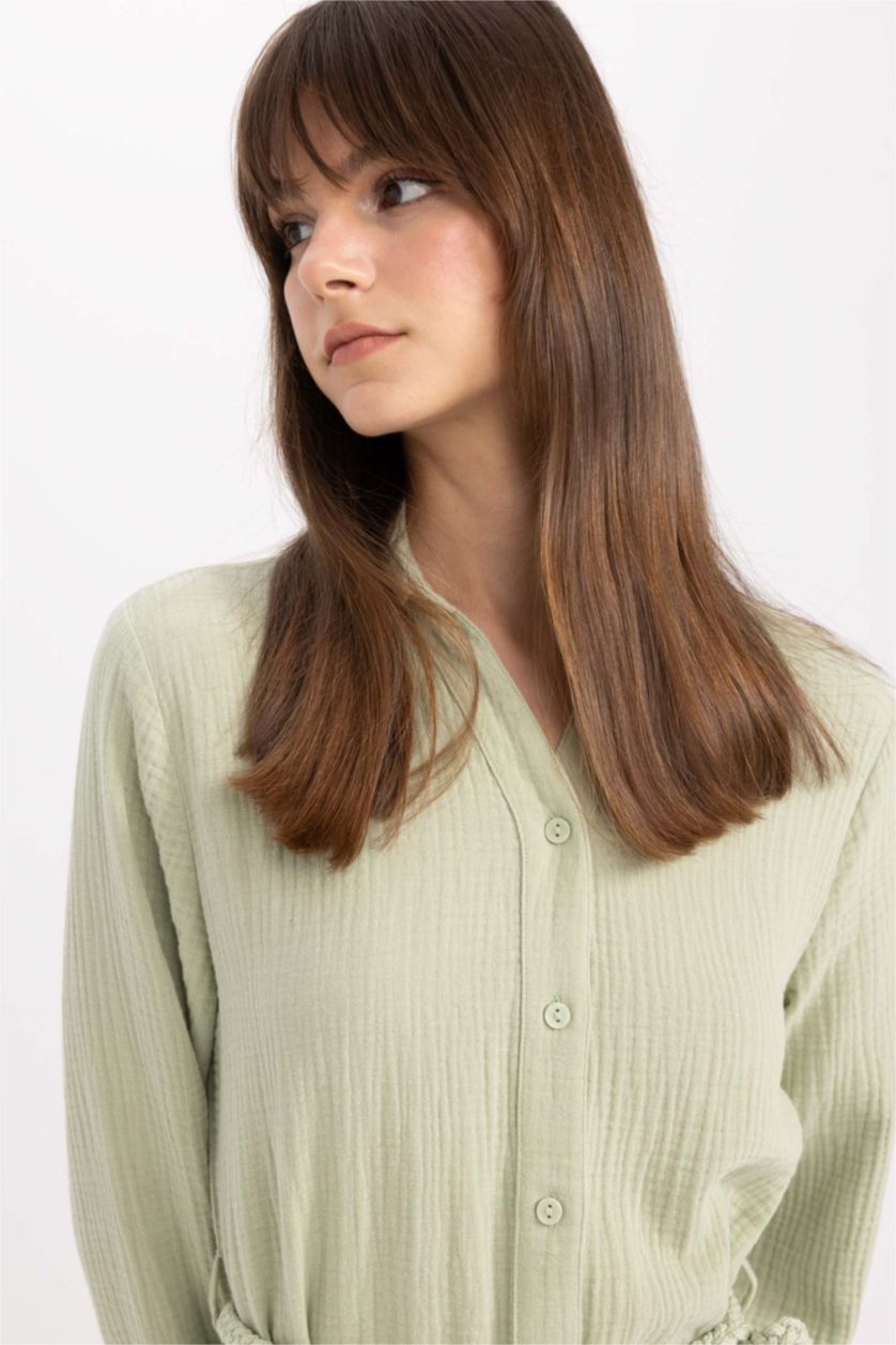 WOMAN Light Green Regular Fit Shirt Collar Muslin Dress