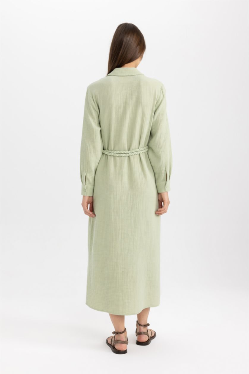 WOMAN Light Green Regular Fit Shirt Collar Muslin Dress