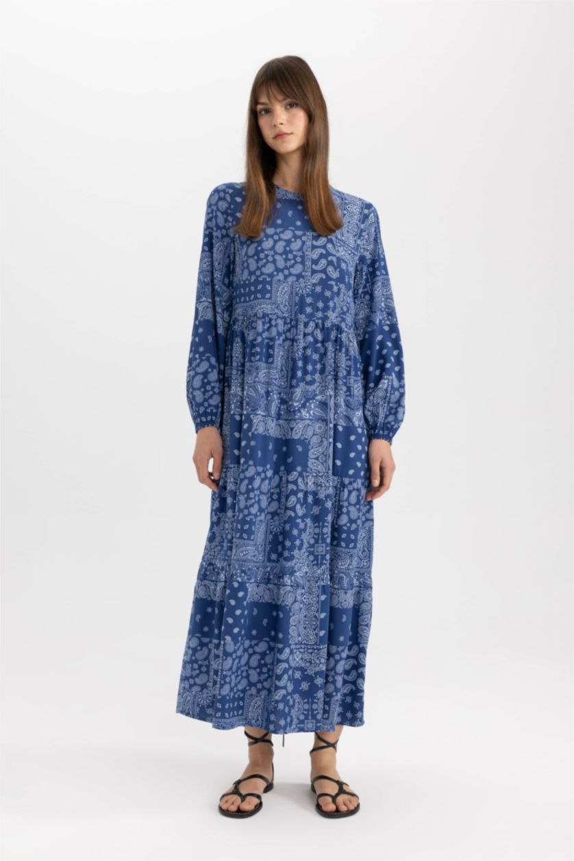 FEMME Indigo Robe Tissée À Manches Longues Imprimé Col arrondi