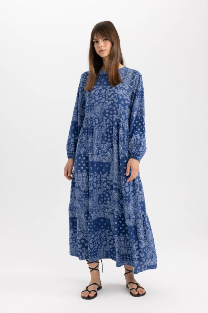 FEMME Indigo Robe Tissée À Manches Longues Imprimé Col arrondi
